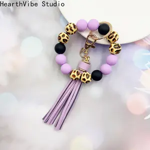 HearthVibe Studio Leopard-print Acrylic Bead Bracelet with PU Tassels and Keychain Keyring Boho Butterfly Fashion Accessory for Girls
