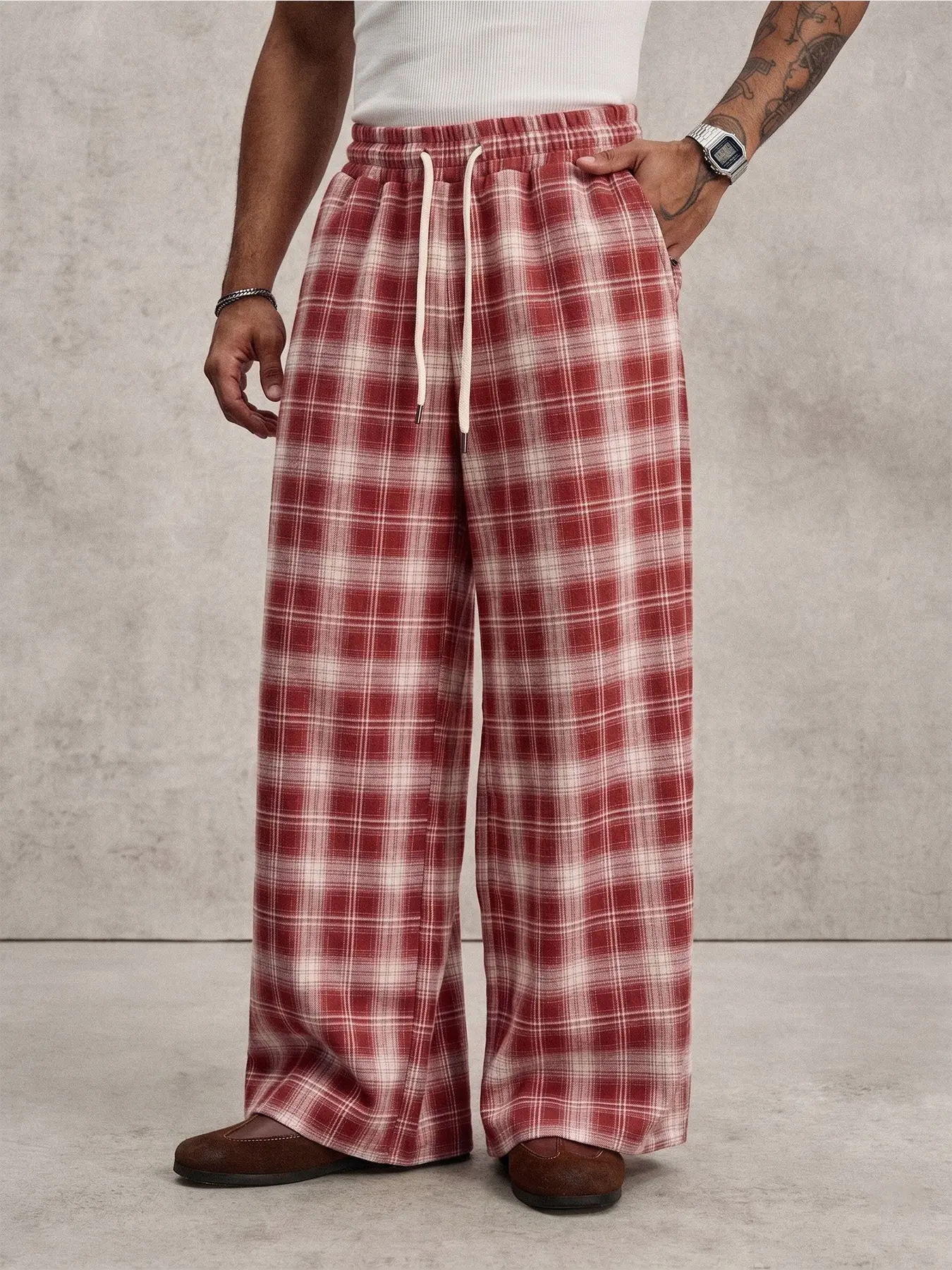 Red & White Plaid Wide Leg Flannel Pants, Elastic Drawstring Waist Baggy Trousers, Soft Vintage Tartan Streetwear Pants, Loose Casual Checkered Pants for Daily Wear, Academia & Y2K Style