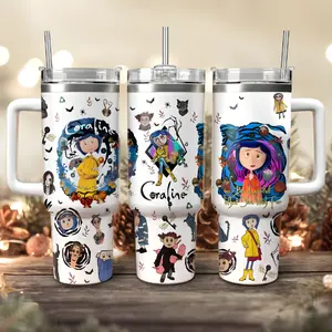 Coraline Inspired Tumbler 40oz 20oz with Handle, Creepy Cute Cartoon Cup, Spooky Aesthetic Gift, Halloween Aesthetic Insulated Travel Mug Gift