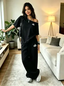 Women Y2K Letter Print Off-Shoulder T-Shirt & Wide Leg Pants Set, Loose Fit, Soft Cotton, Street Style, Casual Lounging
