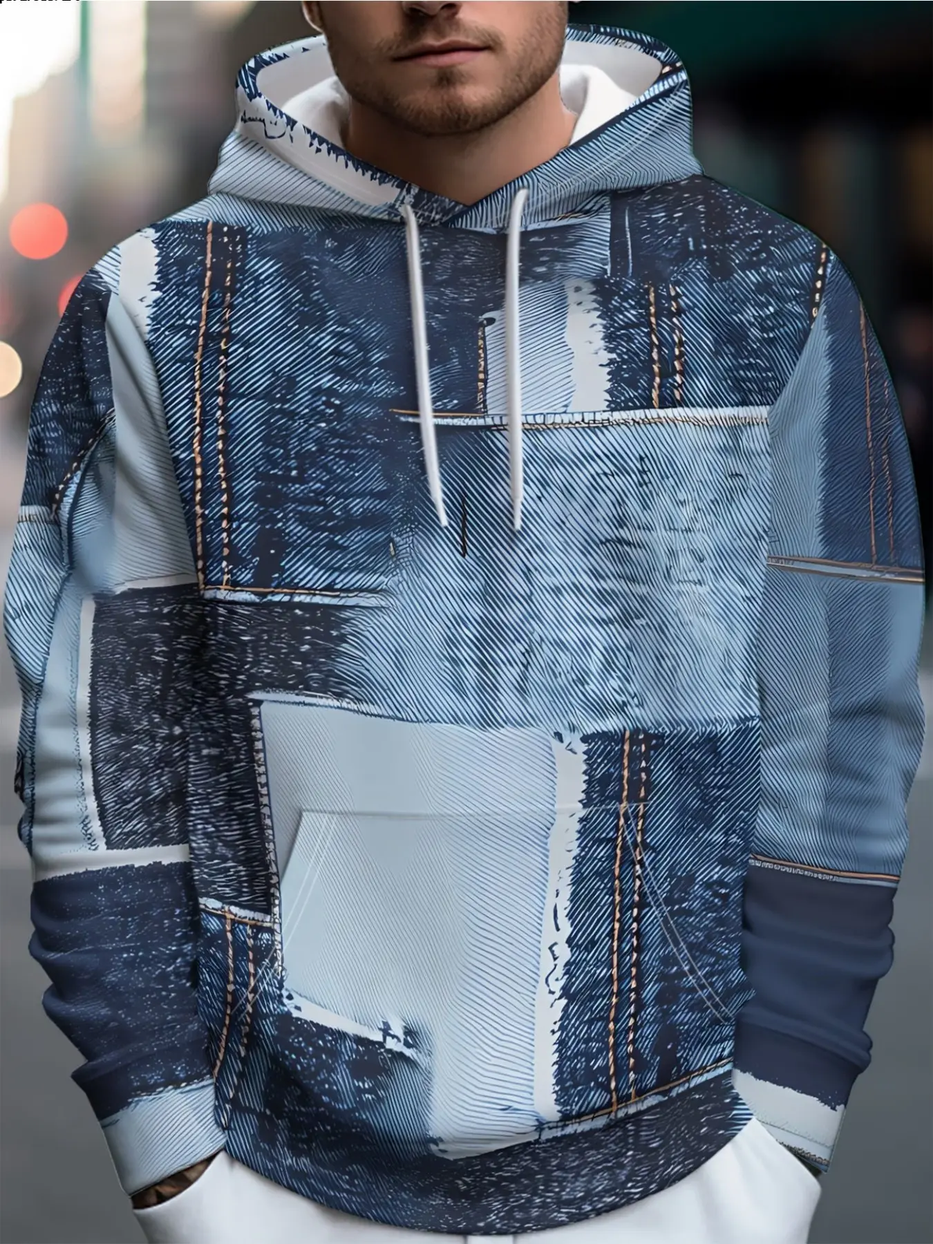 Men's Street Style Hoodie, Blue Denim Patchwork Print, Raw Wash Design, Long Sleeve, Casual All Seasons Wear, Loose Fit
