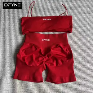 DFYNE Seamless Bandeau Halter Sports Bra & Leggings Set| Padded Thin Straps Gym Top with High Waisted Tummy Control Yoga Pants 2-Piece Outfit