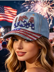 American Flag Patriotic Baseball Hat, Adjustable Letter Denim Rhombus Cap, July 4th Festival, Sparkling Rhinestone, Outdoor Sun Protection, Women's Casual Hat