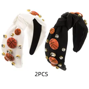 2pcs Women'S Basketball-Themed Crystal-Encrusted Headbands |   White And Black Knot-Decorated Fun Game Day Headbands, Sparkling Jewelry-Embellished Personalized Gifts For Female Fans, Suitable For Women Supporters