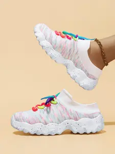 Women's Fashionable Colorblock Lace Up Low Top Sneakers, Casual Comfortable Sports Knitted Running Shoes, Female All-match Round Toe Shoes for Daily Wear