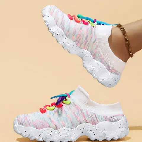 Women's Fashionable Colorblock Lace Up Low Top Sneakers, Casual Comfortable Sports Knitted, Female All-match Round Toe Shoes for Daily Wear, Casual Trendy Sneakers