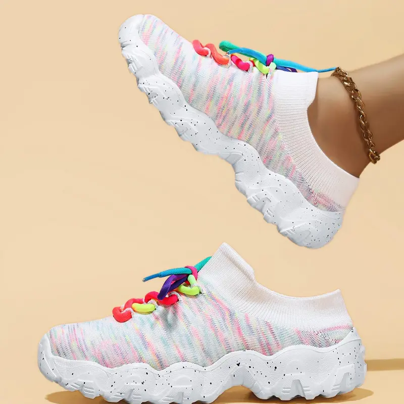 Women's Fashionable Colorblock Lace Up Low Top Sneakers, Casual Comfortable Sports Knitted, Female All-match Round Toe Shoes for Daily Wear, Casual Trendy Sneakers