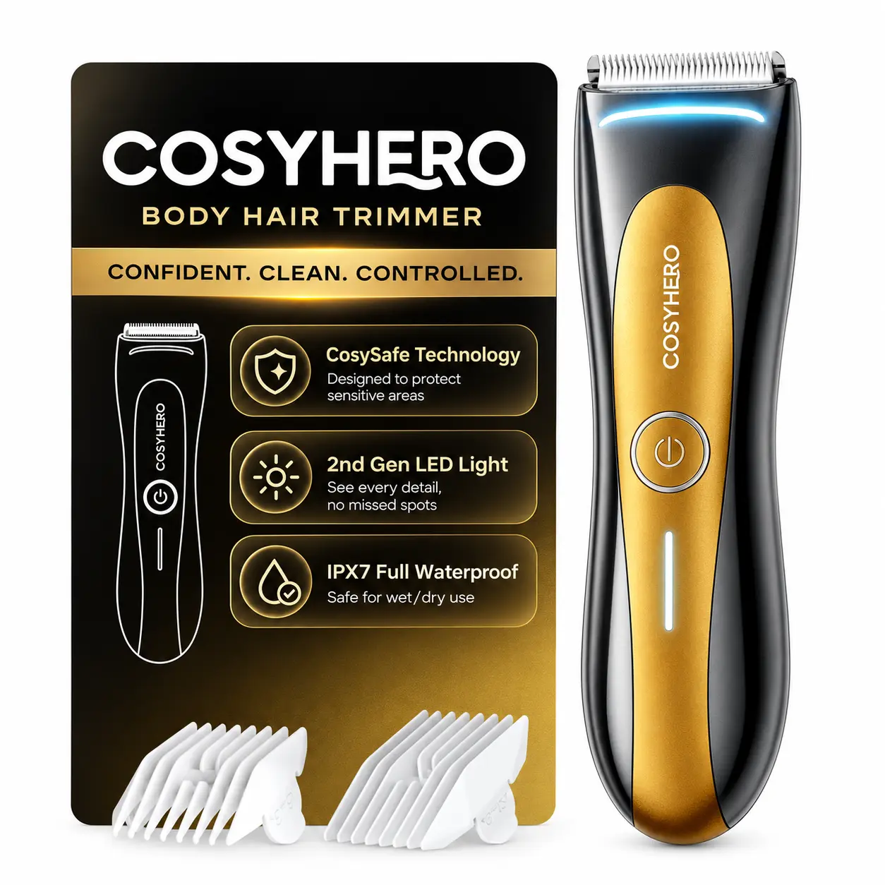 COSYHERO Manscape Trimmer for Men, 8400 RPM Groin & Body Hair Shaver, 1000mAh Rechargeable, Built-In LED Light, IPX7 Waterproof, Ceramic Blade for Men’s Personal Grooming, Gold