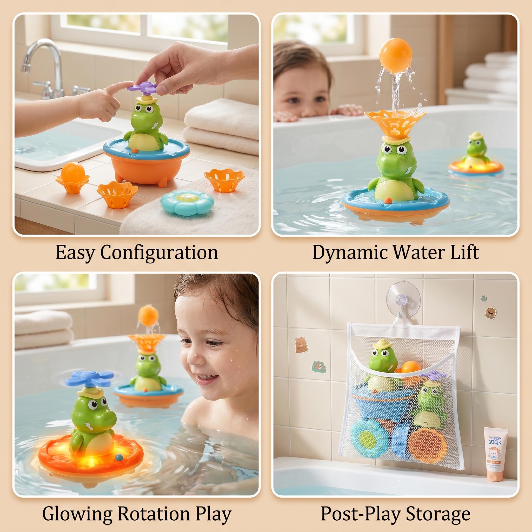【Baby Bath Toys】Crocodile Bath Toy Set – SIx Patterns Spray Designs Water Spray Fountain Bathtub Toy with Interchangeable Spinning Toppers, Baby Bath Toys Interactive Water Play Toy for Toddlers Must Have