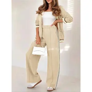 Women's Office Daily Wear Blazer & Pants Set, Solid Color Blazer with Striped Wide-Legged Pants, Casual Elegant Business for Women Suits
