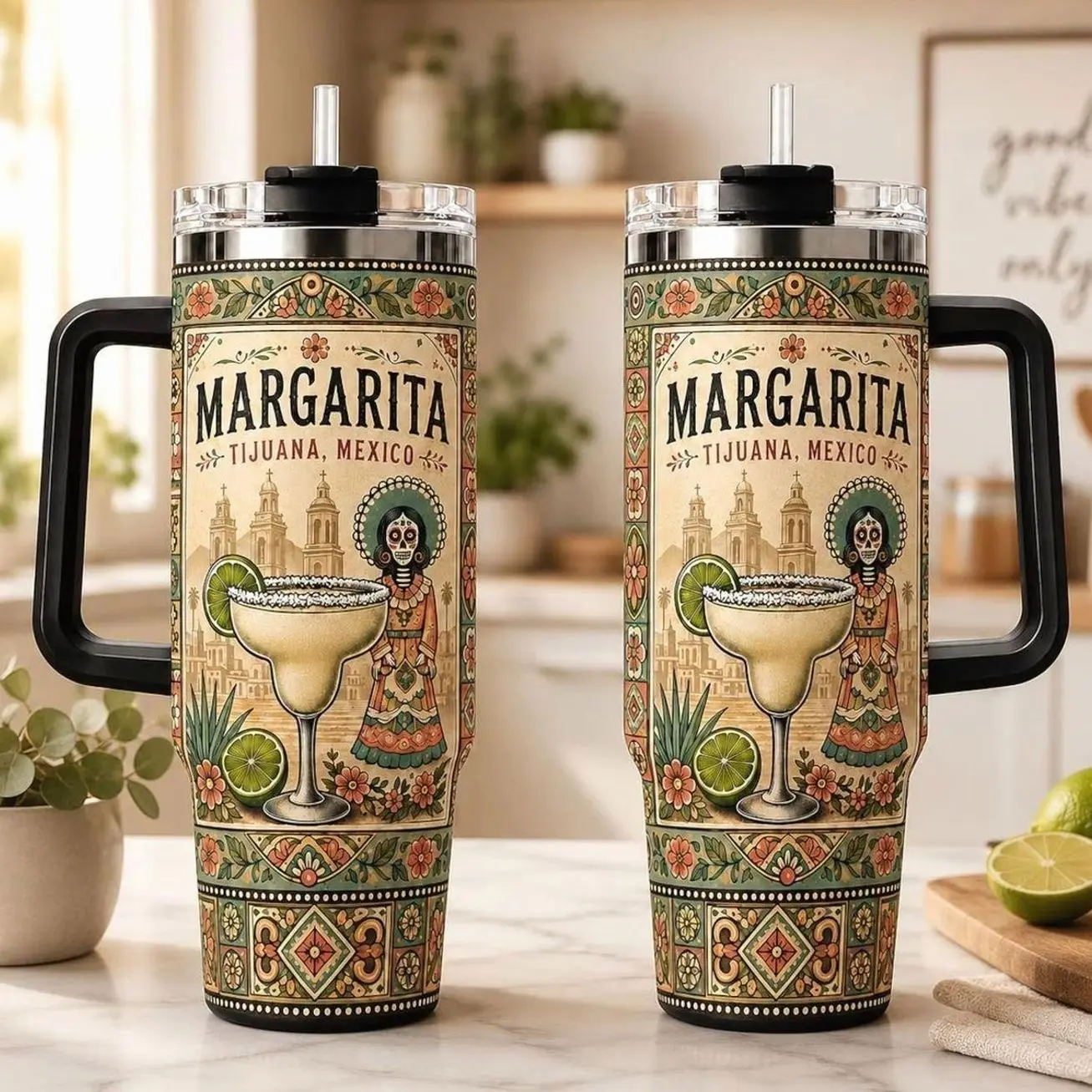 Margarita 40oz Tumbler, Tijuana Mexico Cocktail Travel Cup, Mexican Folk Art Fiesta Tumbler, Cinco de Mayo Gift