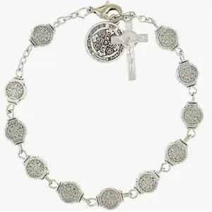 Vintage St. Benedict Rosary Bracelet for Women Men, Antique Crucifix & Medal Charm Bracelet, Religious Faith Jewelry with Engraved Beads, Spiritural Protection Keepsake Gift