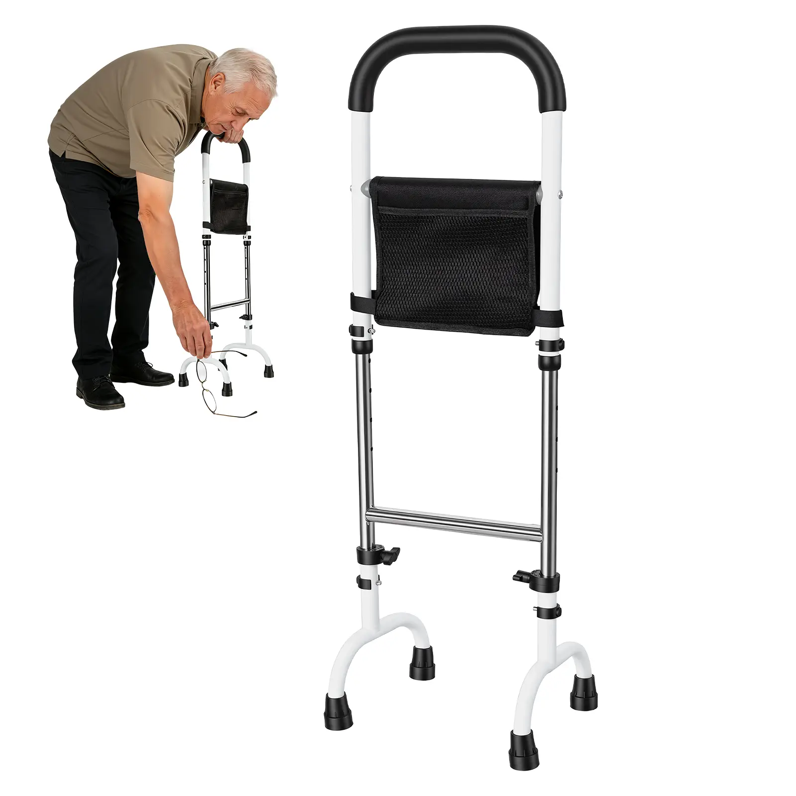 Sturdy Iron Frame Stand Assist Rail for Seniors, 5-Level Height Adjustable Standing Aid Bar, Solid Adults’ Hip/Knee Surgery Recovery Support, Non-Slip Grip Quad Cane, Safe for Bathroom & Toilet Use, Five Levels