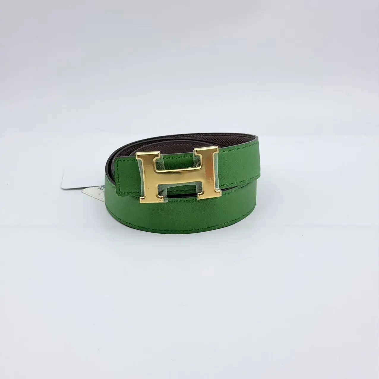 Pre-owned HERMES Gold toned Buckle & Double sided Green and Gray Leather Belt 32mm Q613