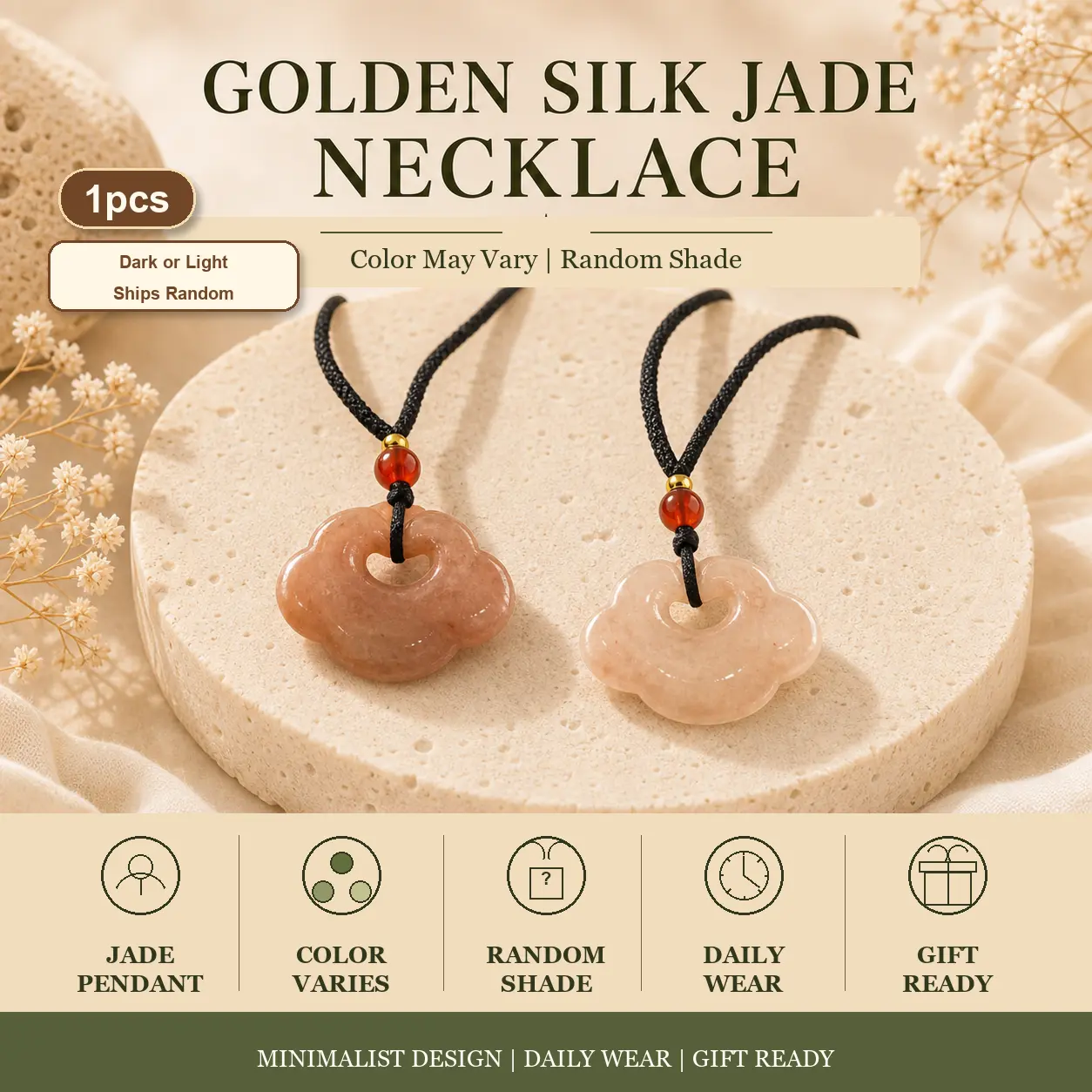 Unisex Casual Carved Flower Silk Jade Look Pendant Necklace - Golden Silk Jade Charm with Black Cord, Pendant Design Adults Boho Natural Stone Jewelry, Ideal for Friendship Gifts