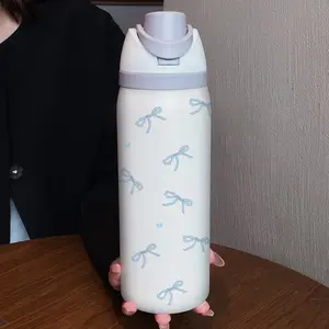 32oz Blue Bowknot Dual-Drink Sports Water Bottle, Leak Resistant Tumbler, Stainless Steel Vacuum Insulated Flask, Large Capacity Fruit Cup, Perfect Gift for Women