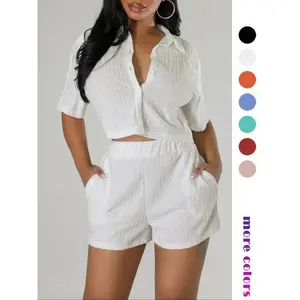 Two-piece Set Women's Textured Button Front Shirt & Elastic Waist Shorts Set, Chic Casual Style Versatile Short Sleeve Collared Top & Pocket Design Shorts, Elegance Two-piece Outfits for Women, Womenswear, Matching Clothing Set（gift） Fitted DayGift