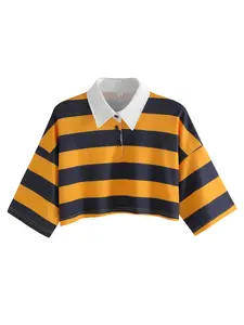 Vintage Colorblock Striped Loose Polo Shirt, American Street Style High Waist Slim Fit Half Sleeve Collar Top, Retro Chic Ladies Fashion