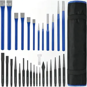 Professional Heavy Duty Punch and Chisel Set, 30-Piece Kit with Cold & Cape Chisel, Center, Pin & Taper Punch, Blackened Painted Finish for Durability, Includes Roll Pouch and Gauge, Reusable Tool Set for Metalworking