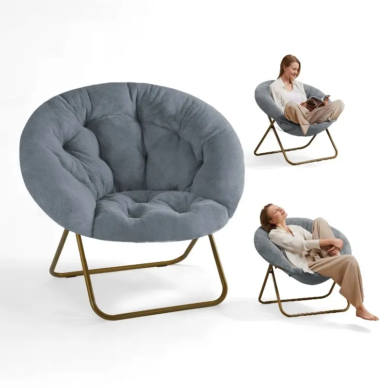Comfy Oversized Folding Chair, Faux-Fur Reading Chair for Teens, Adults, Foldable Accent Lazy Chair, Metal Frame Lounge Chair for Living Room, Bedroom, Dorm, Grey Comfortable Faux Fur Saucer Shaped Chair with Foldable Metal Frame, Grey, 32.3"D x 27.2"W x