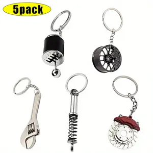 5Pcs Car Lovers Key Chain Set,Including Manual Gear Shifter,Wheel Rim,Spanner,Shock Absorber,Brake Disc Keychain,Auto Enthusiast Gift Set,Car Truck Bike,Parts Keyring,Fashion Accessories