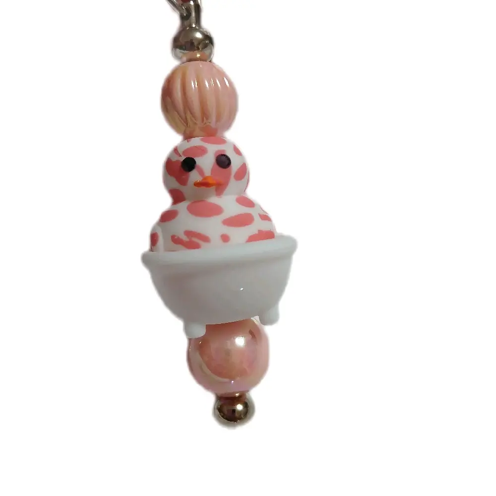 Pink Rubber Duck in a Bathtub Keychain with Polka Dot Design and Pearl Accent