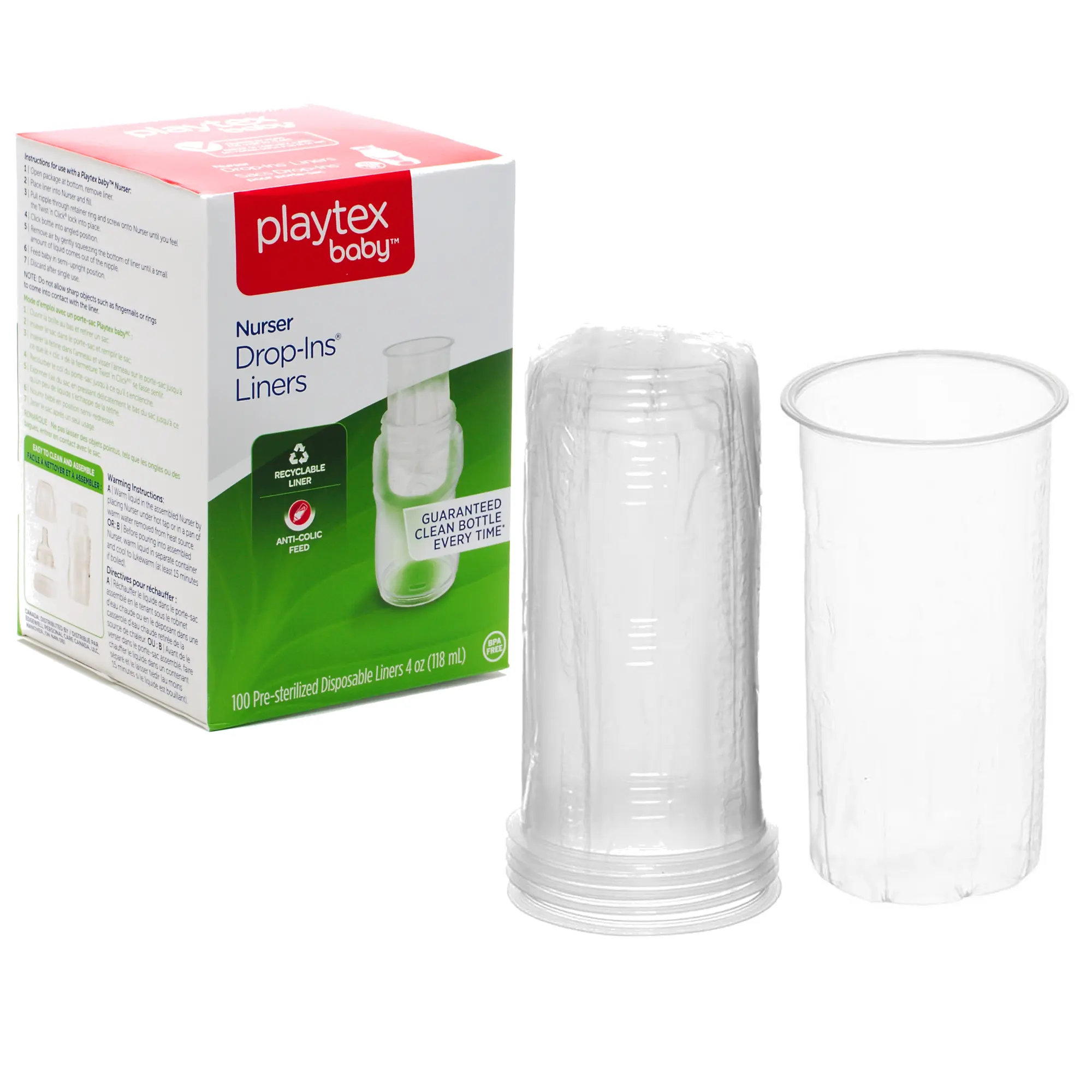 Playtex Baby Nurser Pre-Sterilized Disposable Drop-Ins Bottle Liners Anti-Colic Gas Reduction 4 Oz 100 Count BPA-Free for Newborns