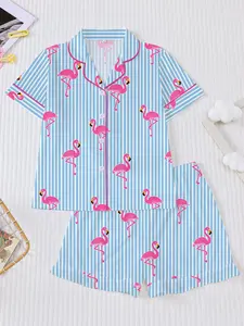 2-Piece Girl Summer Collared Pajama Set, Firebird Print Cartoon Striped Sleepwear, Short Sleeve Open Front, Ideal for Parties & Daily Wear