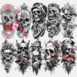 10 Large Cool Rose Skull Temporary Tattoos, Men Women Adult Arm Leg Tattoo Stickers, Long-Lasting Realistic Halloween Fake Body Art Patches