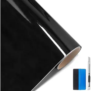 High Gloss Black Vinyl Wrap Self Adhesive Air Release Bubble - Outdoor Rated for Automotive Use - 1ft x 10ft  + Hand Tool