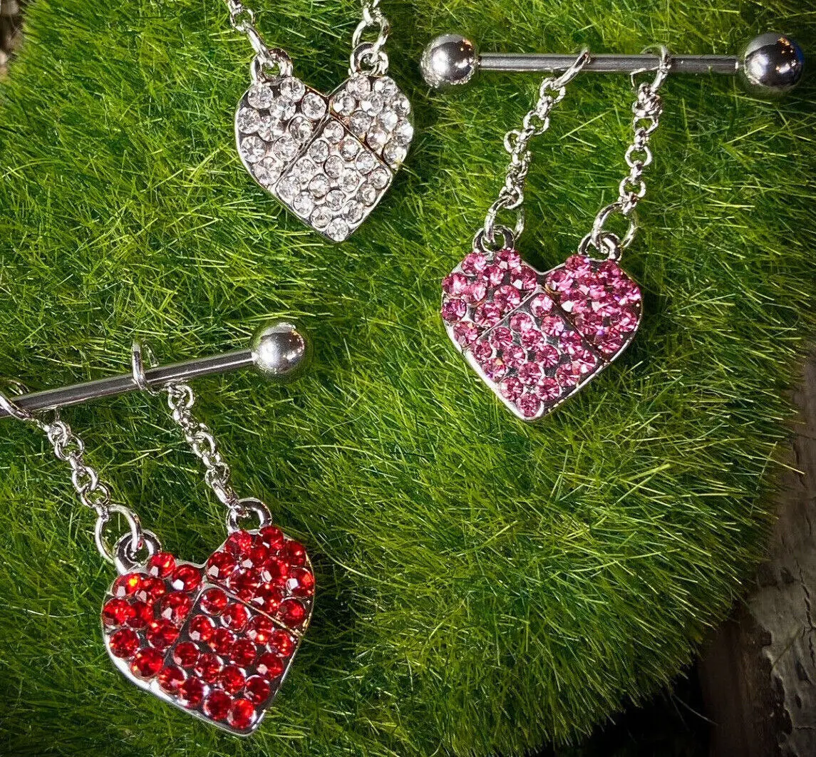 PAIR 14g Gem Heart Dangle Nipple Rings Shields Barbells Body Piercing Jewelry