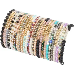 27Pcs Boho Beaded Bracelets Set for Women Multi-Layer Versatile Statement Bracelet Stretch Stackable Crystal Bangle Bracelet Jewelry Gift