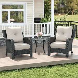 LayinSun 3-Piece Outdoor Wicker Rattan Armchairs with Rattan Side Table, Patio Furniture Set with 6-inch Comfy Cushions for Garden, Backyard, Porch