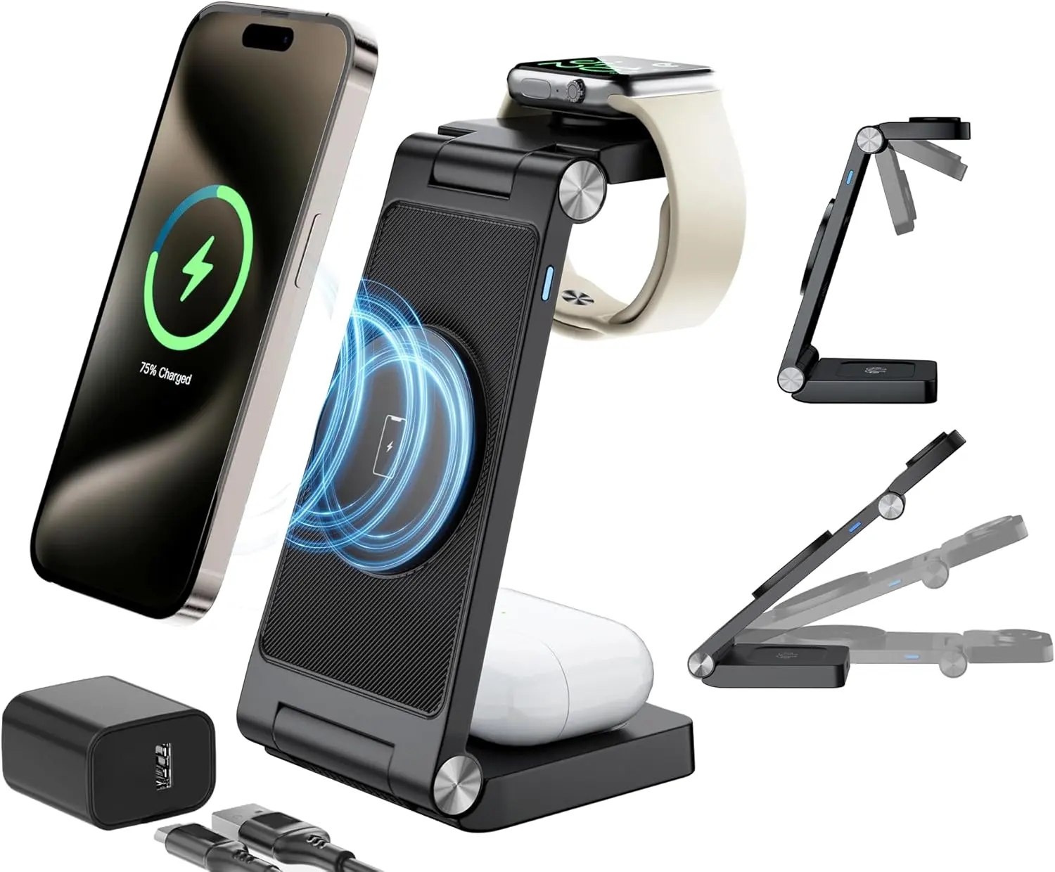 3 in 1 Magnetic Wireless Charging Station for iPhone 17/16/15/14/13/12 Series, Apple Watch & Earbuds, Fast Charging Stand, Black