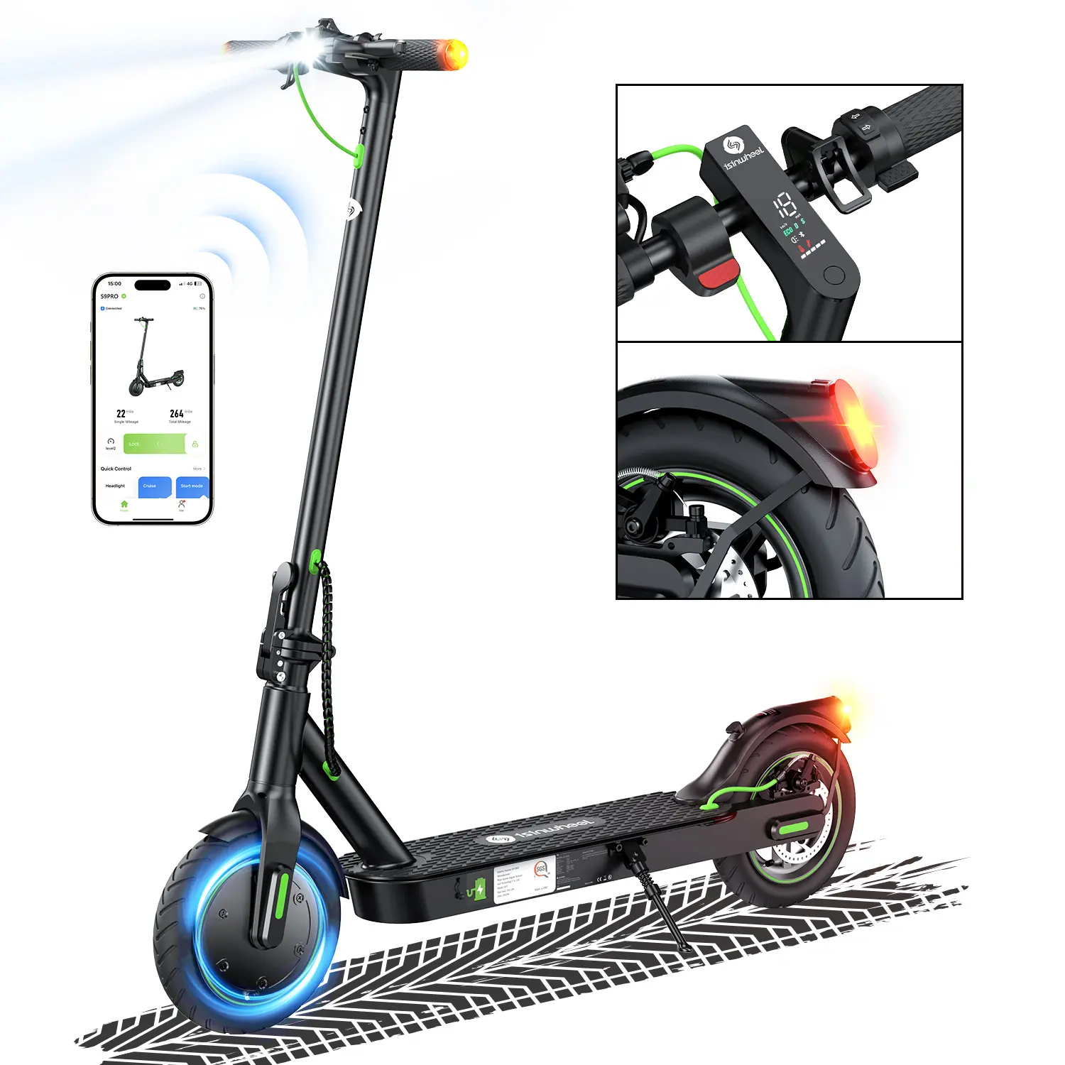 isinwheel S9/S9Pro Adult Electric Scooter, 350W Motor, Up to 19 MPH Speed & 13-19 Mi Range, 8.5" Tires, Ultralight Foldable, 220 lbs Load Capacity, EABS, Smart App Control, Commuting Scooter