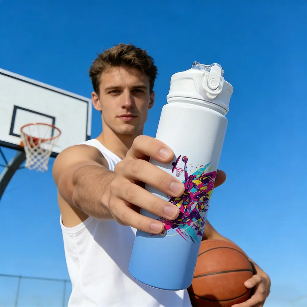 1pc 750Ml/25Oz Plastic Sports Water Bottle,Basketball players in action.Design, Leak-Proof with a Pop-Up Lid, Lightweight, Large Capacity, Reusable, Suitable for Outdoor, Gym, Running, Basketball Games - Ideal Gift for Athletes