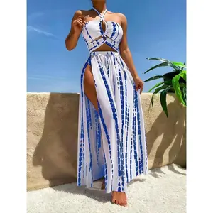 Three-piece Set Women's Tie Dye Print Criss Cross Swimsuit Set, Boho Halter Neck Swim Bra & Split Thigh Cover Up Skirt & High Cut Swim Panty Set, Ladies Bikini Set for Summer Beach