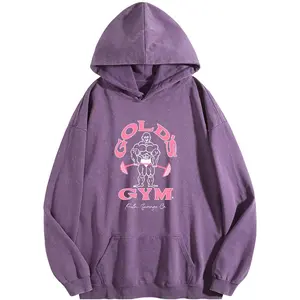 Holafish Women's GYM Print Acid Wash Hoodie Vintage 2025 Sweatshirt Oversized Loose Fit Winter Warm Streetwear Casual Tunic Graphic Crewneck Everyday Ribbed Style Joggers Soft