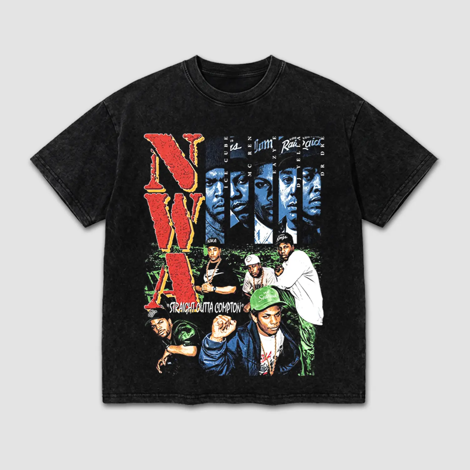 NWA Straight Outta Compton Vintage Washed T-Shirt, Eazy-E Ice Cube Dr Dre MC Ren DJ Yella Graphic Tee, West Coast Gangsta Rap Band Merch, Heavyweight Cotton Oversized Top, Retro 90s Hip Hop Concert Apparel, Gym Workout Pump Cover Shirt, Unisex Fan Gift