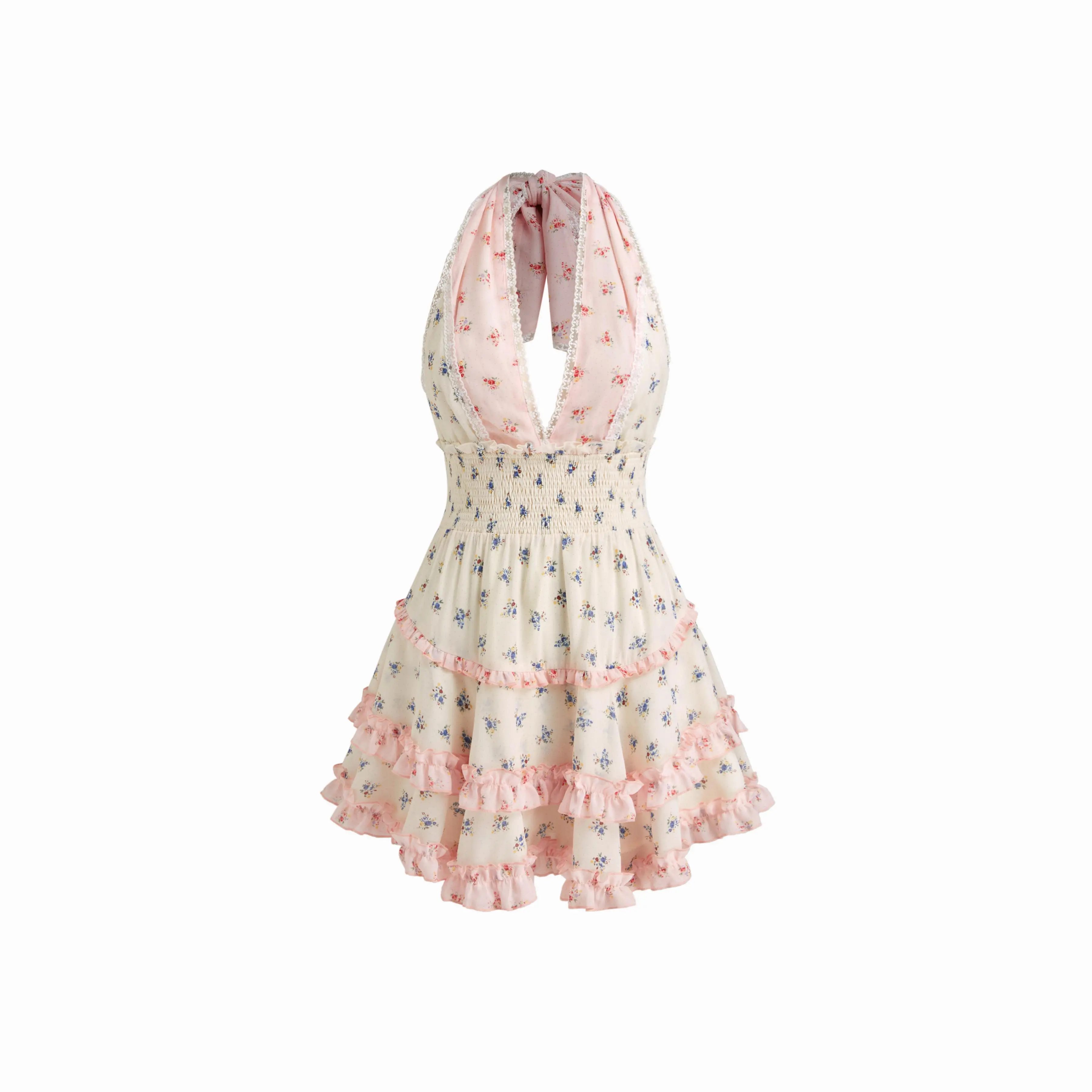 Cider Halter Neckline Ditsy Floral Lace Lettuce Trim Shirred Patchy Tiered Mini Dress - TikTok Shop Cider Halter Neckline Ditsy Floral Lace Lettuce Trim Shirred Patchy Tiered Mini Dress - TikTok Shop