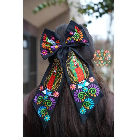 Virgen Mexican Bordado Bow Clips Long