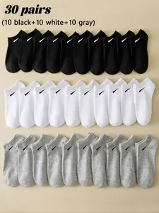 9/15/30 Pairs Women/men Geometric Pattern Solid Color Athletic Boat Socks Ankle Socks, Casual Simple Comfort Soft Fitted, Suitable for Daily Outdoors Home Sports College Style