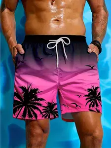 New men's sports beach shorts, featuring coconut tree patterns in red and pink color scheme, suitable for casual beach vacations