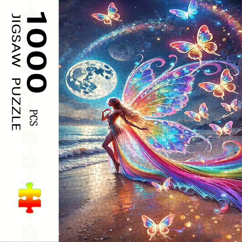 1000 Piece Butterfly Girl Beach Theme Puzzle, Creative Wave Puzzle, Large Adult Family Interactive Toy, DIY Home Decor Brain Challenge, Holiday Scene, Mixed Colors, Visual Appeal