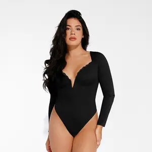 Popilush Shapewear Long Sleeve Lace Trim V-Neck Slimming Bodysuit