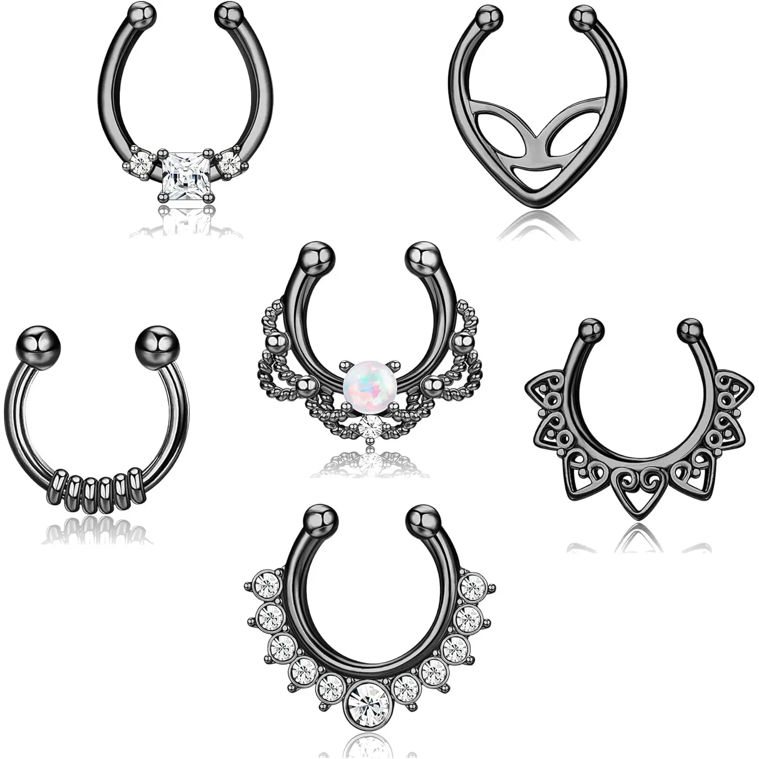 Sanfenly Women's Septum Ring, Stainless Steel Jewelry with Opal Accent, Clip-On Faux Nose Ring Hoop for Everyday Use, Clip-On Hoops, Non-Pierced Clip-On Hoops