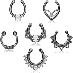 Sanfenly 6Pcs Stainless Steel Hoop-Shape Clip-On Opal-Accent Non-Pierced Septum Clicker Rings Set - Women's Casual Daily Wear Body Jewelry, Septum Clicker Ring