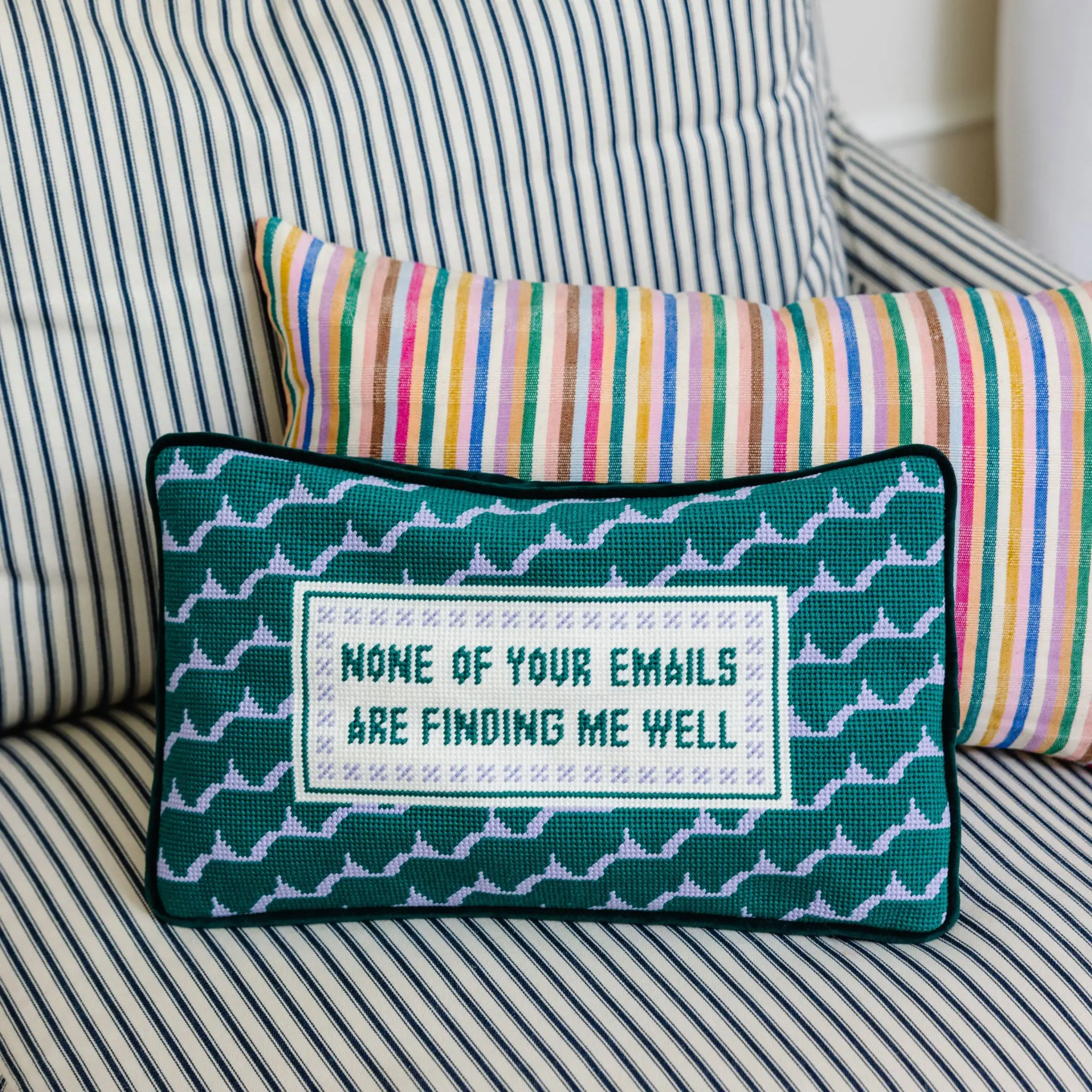 Needlepoint Pillow with Humorous Quote, Playful Print - Small Size, Suitable for Office Chair, Home Décor Accent, Velvet Back