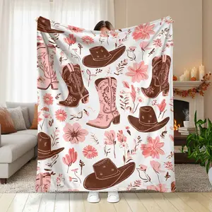 1pc Western Cowboy Boots & Hats Throw Blanket - Soft Flannel Lightweight All-Season Bedspread - Pink & Brown Cowgirl Design with Floral & Western Motifs - Perfect for Sofa, Bed, Camping, Travel - Western Home Decor Gift for Country Living