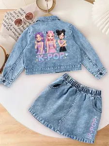 Essential Fashion Cartoon Character Set for Girls, Casual Summer Fall, Cartoon Print Short Jacket and Slim Fit Skirt, Perfect for Travel School Photos